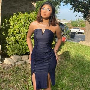 Navy blue fitted dress with lace designs